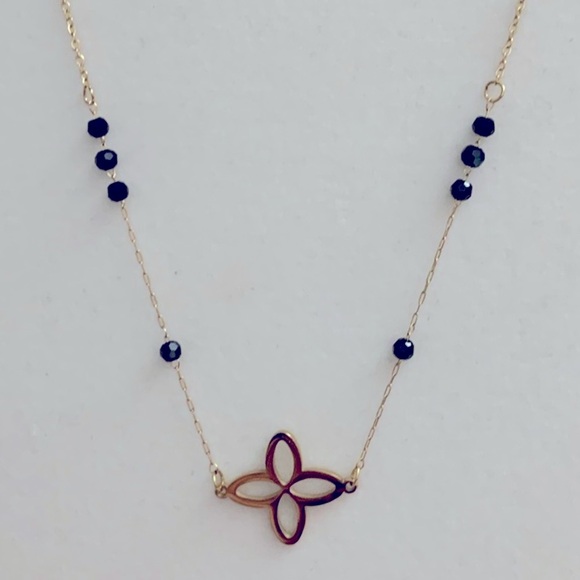 Gold Plated Necklace with Floral Detail and Black Beads. - Picture 1 of 5